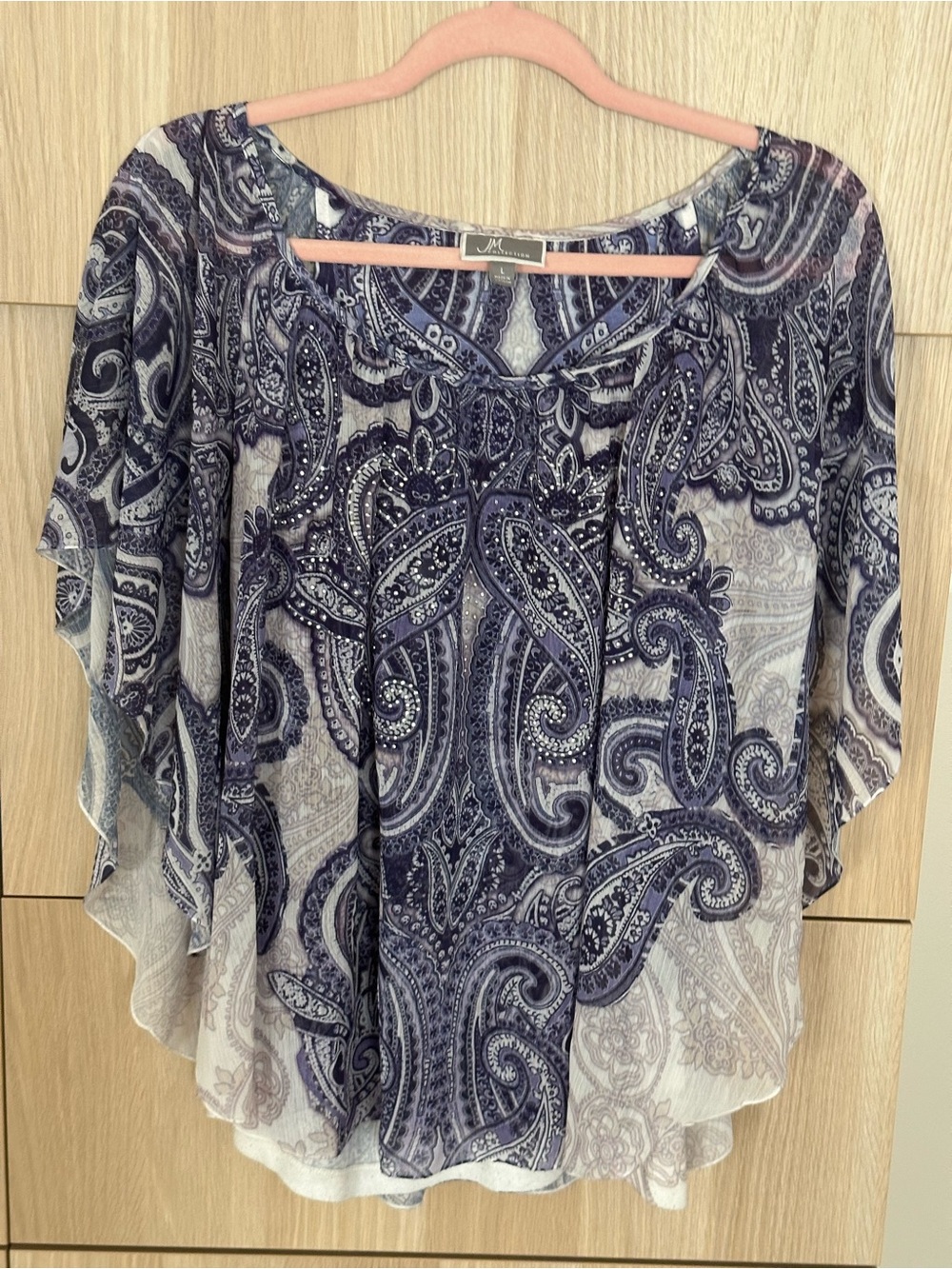 JM Collection Navy and White Paisley Flutter-Sleeve Blouse with Rhinestones.